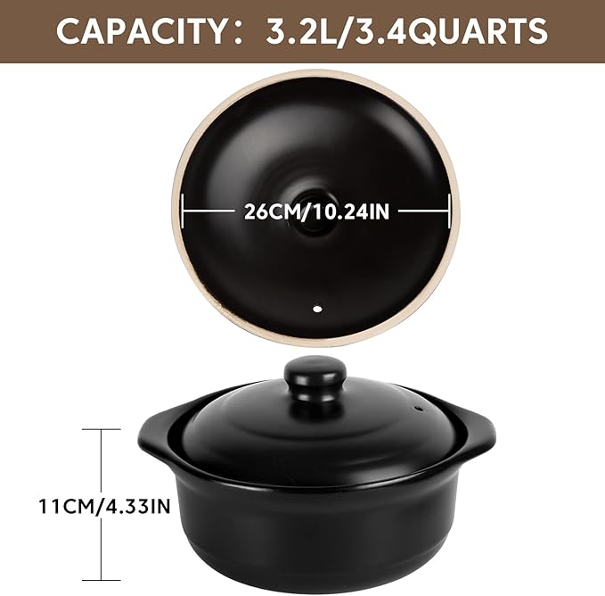 Ceramic Pots Casserole Soup Bowl with Lid Large Stock Clay Pot for Cooking (Black, 3.4 Quart)
