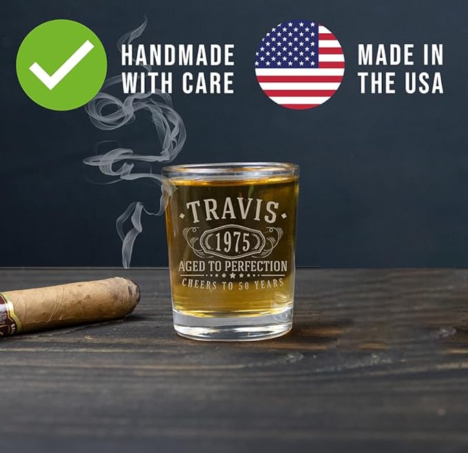 Personalized Vintage 50th Etched 2.5oz 1pk Shot Glass – Custom 1975 Happy 50th Birthday Gifts Men