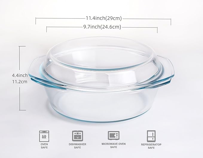 Round Tempered Glass Casserole Dish with Lid, Glass Casserole Baking Dish for Oven, Freezer and