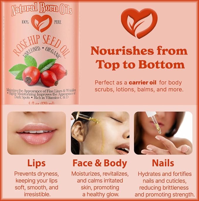 SALE! 4oz Rosehip Seed Oil, 100% Pure and Natural, Cold-Pressed, Unrefined, Organic Moisturizer for