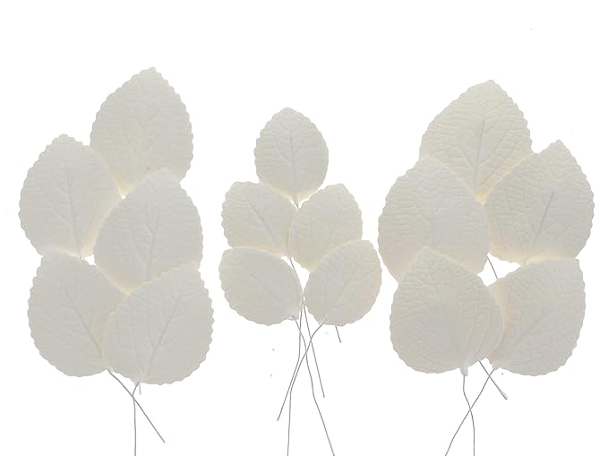Global Sugar Art Hydrangea Leaves Sugar Cake Flowers White Mix of Large Medium and Small, 15 Count