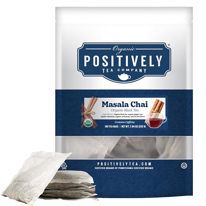 Organic Positively Tea Company, Masala Chai Black Tea Bags, 100 Count, Eco-Friendly Tea Bags