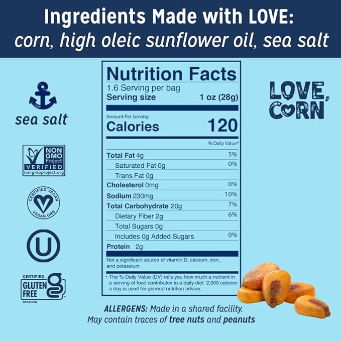 LOVE CORN Sea Salt 1.6oz x 10 Bags - Delicious Crunchy Corn - Healthy Family Snacks - Gluten Free