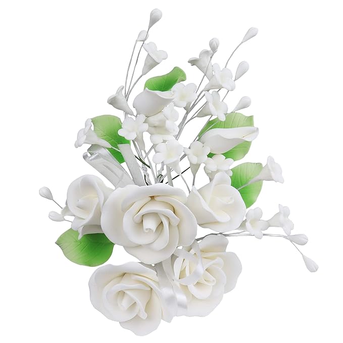 O'Creme Gumpaste Flower Spray, White Rose 6x8 - Edible Flowers for Cake Decorating - Flower