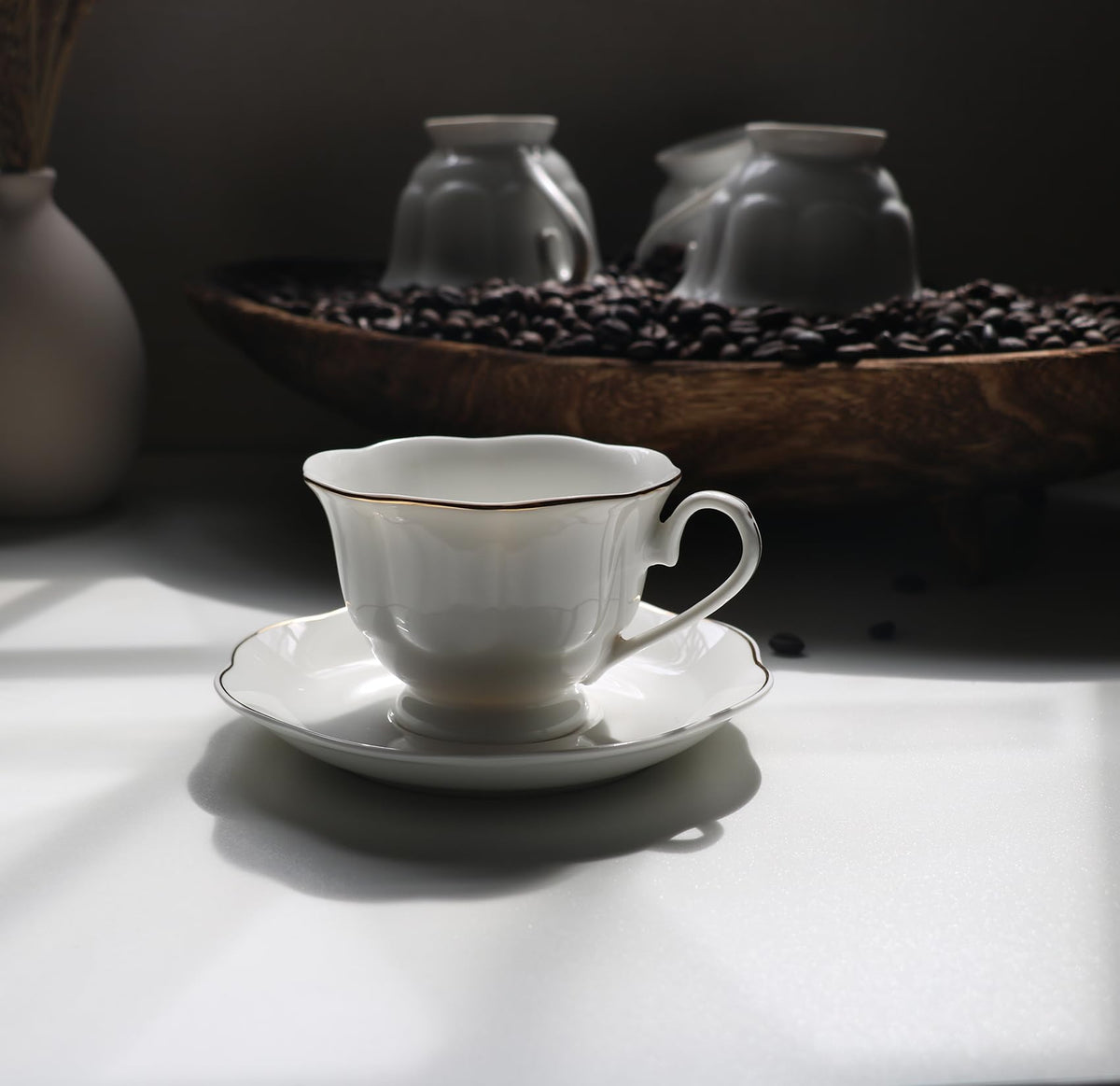 Guangyang 12 Pieces Tea Cup set Fine Porcelain 6oz Cup and Saucer set of 6 for Cappuccino Tea Flat