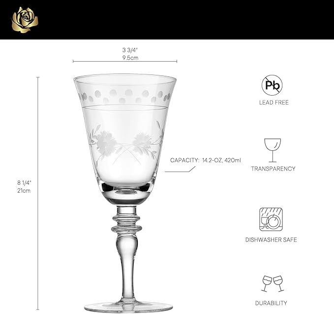 Premium Delight Wine Glasses Set of 4, 14.2 oz – Hand-Blown with Etched Long Stem, Classic