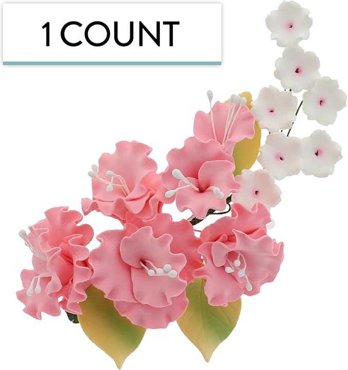 Sugar Blossom Cake Spray – Gumpaste Flowers for Cake Decorating – Pink Cherry Blossoms with Green