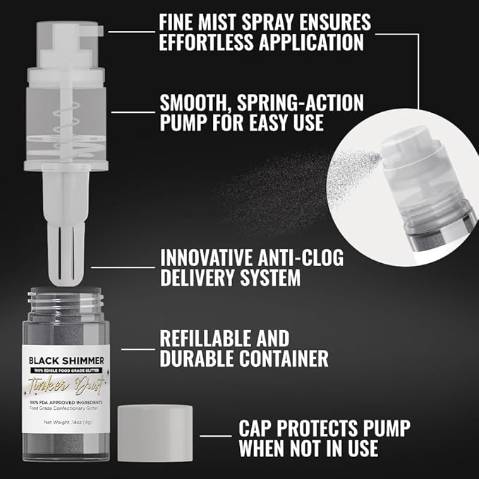 Bakell - Black Tinker Dust (4g, 1x Mini Spray Pump) Edible Glitter for Food, Desserts, and