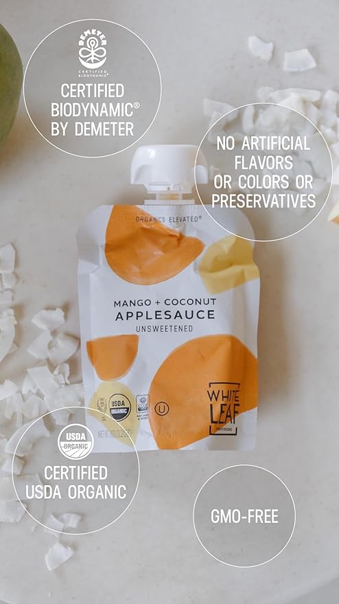 White Leaf Provisions Organic Mango & Coconut Applesauce ??Regeneratively Farmed, No Added Sugar
