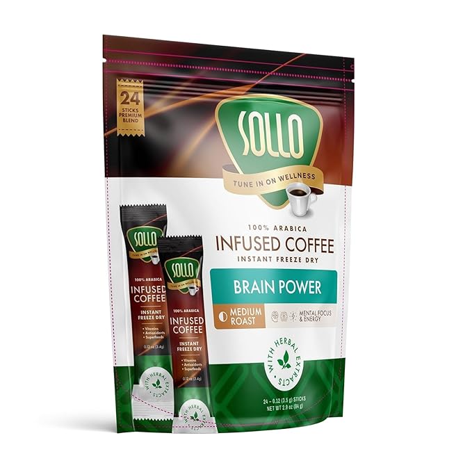 Sollo Brain Power Instant Coffee Sticks (24 Servings) Cinnamon Notes - Dark Roast, Enhanced Brain