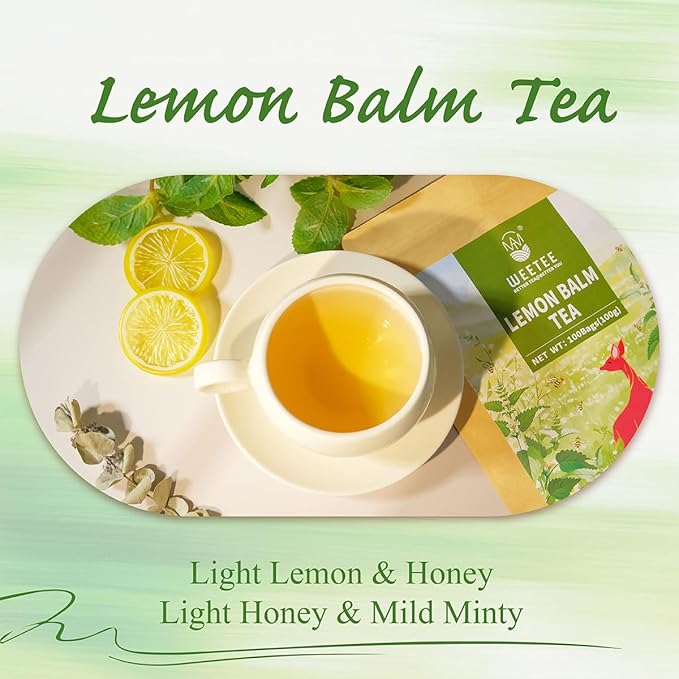 WT WEETEE Lemon Balm Tea Bags, 100 Count Pure Lemon Balm Leaves, Honey Scented with a Delicate