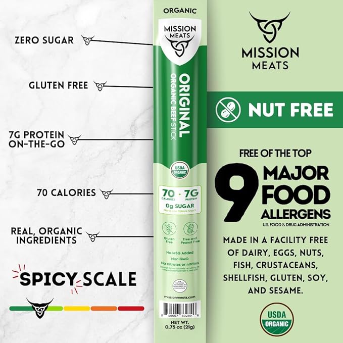 Mission Meats 100% Certified Organic Beef Sticks – Pasture-Raised, Zero Sugar, Non-GMO, Healthy