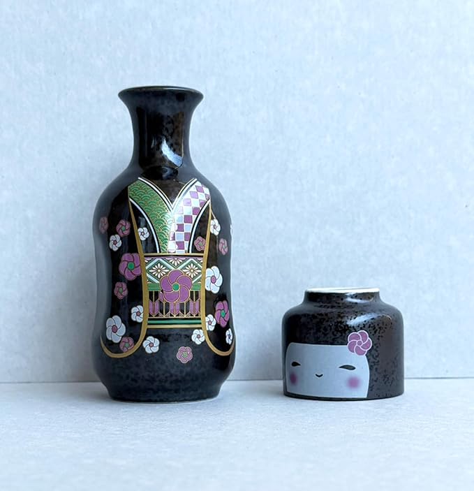 Japanese Traditional Kokeshi Design Sake Wine Soju Ceramic Set with 1 Ochoko Cup and 1 Tokkuri