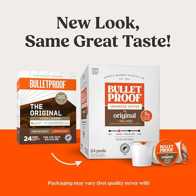 Bulletproof Coffee + Collagen Single-Serve Coffee Pods, 24 Count, Clean Coffee Tested for Toxins