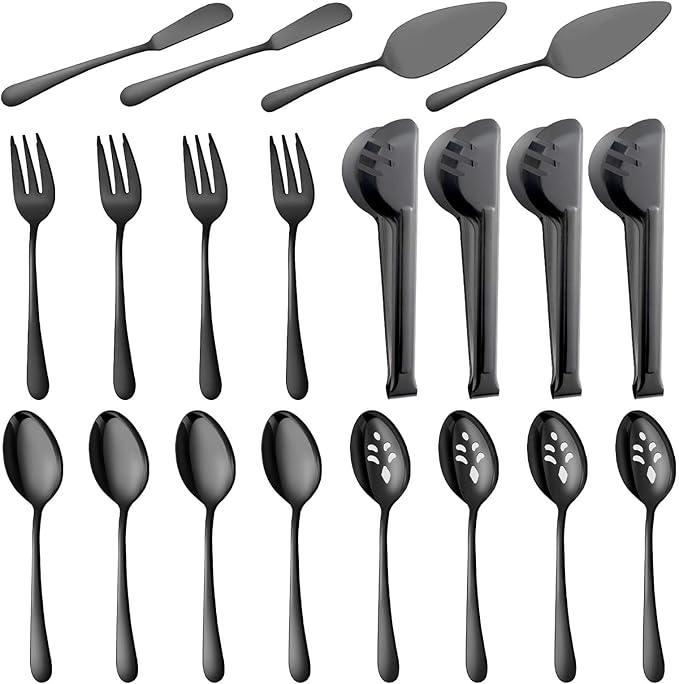 BEWOS Black 20-Piece Serving Set, Black Slotted Spoons & Tongs, Forks, Cake Server & Butter Knife