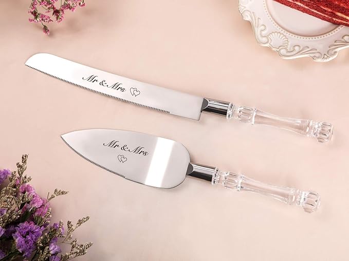 AW BRIDAL Mr Mrs Wedding Cake Knife and Server Set, Silver Cake Cutting Set for Wedding, Pie Cutter