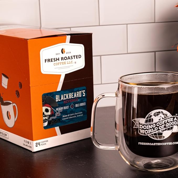 Fresh Roasted Coffee, Blackbeard's Revenge, Medium Roast, 24 Pods for K Cup Brewers