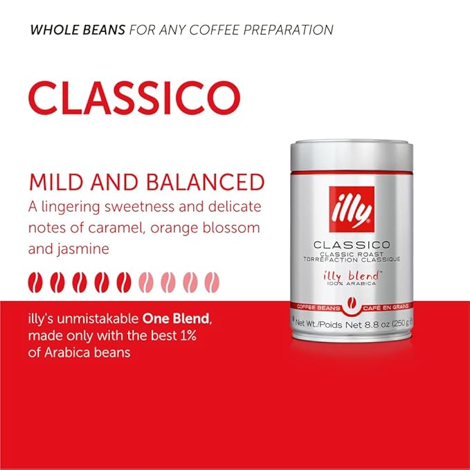 Illy Classico Whole Bean Coffee, Medium Roast, Classic Roast With Notes Of Caramel, Orange Blossom