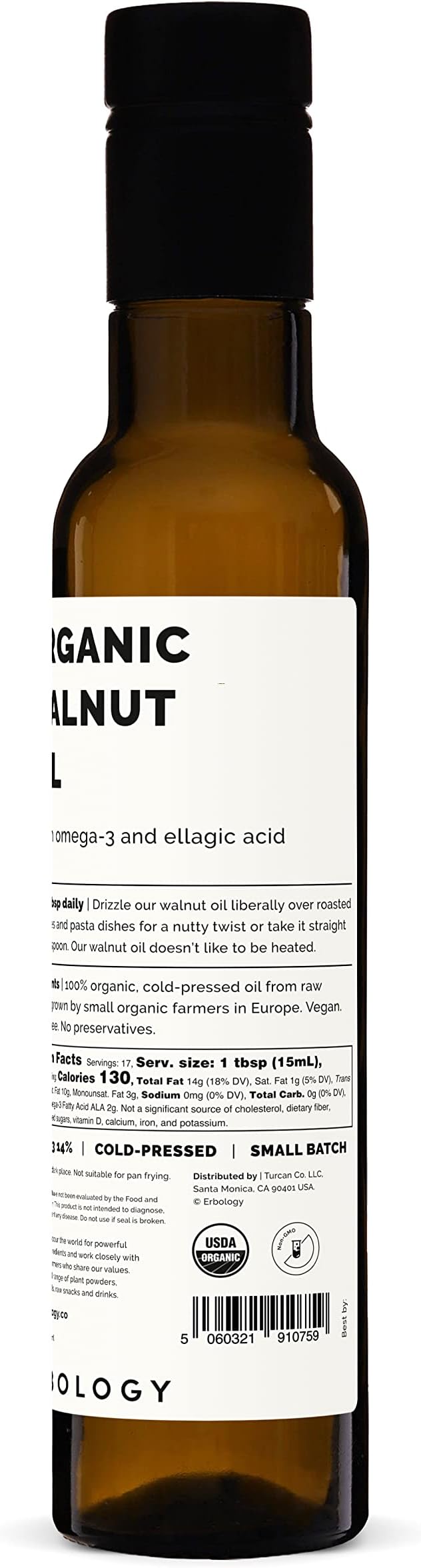 Erbology Organic Walnut Oil 8.5 fl oz - Cold-Pressed - Supports Cognitive Health - Straight from