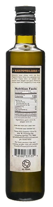 Black Pepper Garlic Infused Olive Oil - Cold Pressed Gourmet EVOO Olive Oil - Great for Dressing