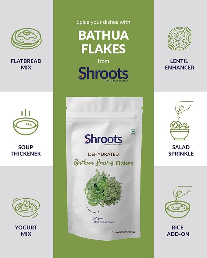 SHROOTS Dehydrated Bathua Leaves Flakes Pure Vegetarian Gluten-Free No Added Salt Easy Cooking