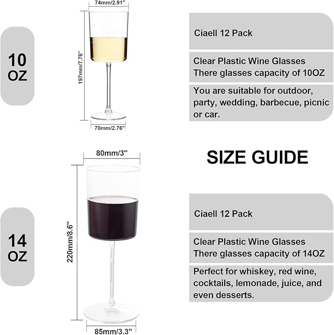 Ciaell 12 Pack Clear Plastic Wine Glasses - 14Oz Plastic Wine Glasses with Stem - Disposable