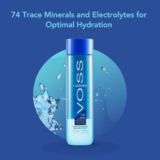 VOSS+ Aquamin Enhanced Water - Pack of 12 Bottles, 850ml Each - Purified Hydrating Water - 74 Trace