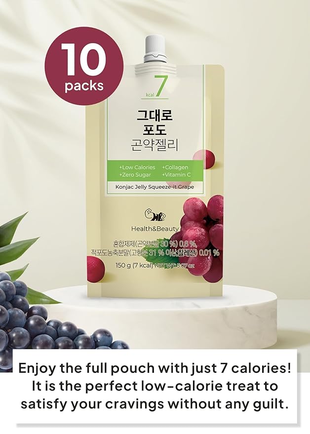 Korean Food Low Calories Squeeze Konjac Jelly Grape Flavor, Fish Collagen, Vitamin, Zero Sugar