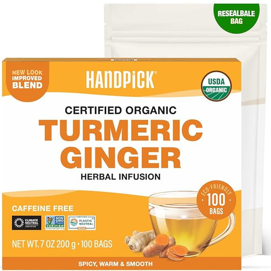 HANDPICK, Organic Turmeric Ginger Tea, 100 Eco-Conscious Tea Bags | Caffeine Free, Gluten Free