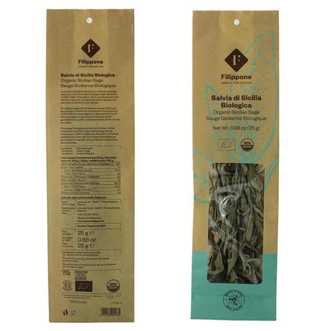 FILIPPONE - Organic Dried Sage, 25 g (0.88 oz) Dried, Fragrant Italian Salvia Branch, Certified