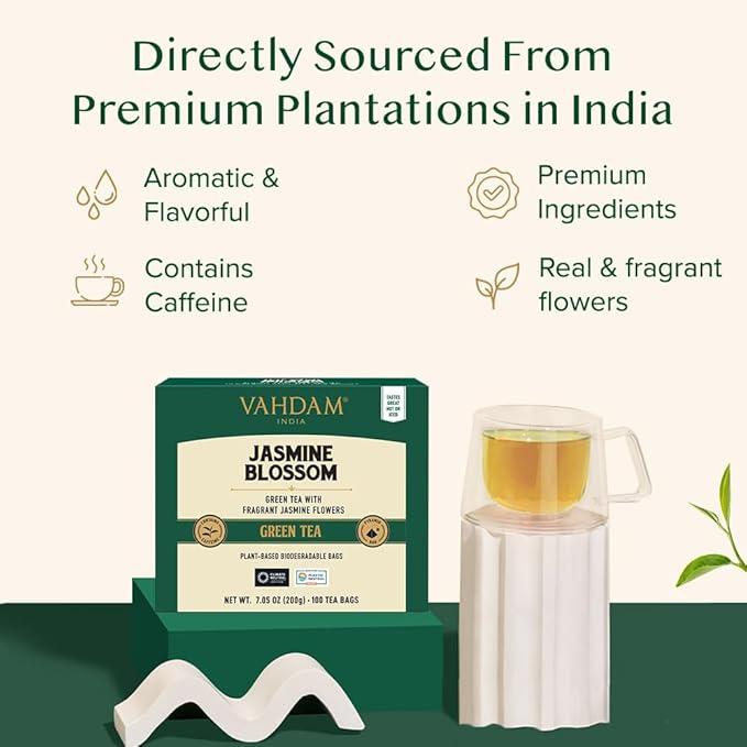 VAHDAM, Jasmine Green Tea Bags (100 Count) Med Caffeine, Non GMO | High Grown Green Tea Blended