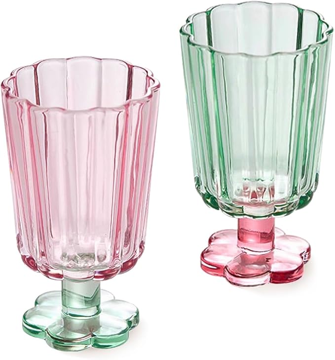 Tall Ripple Drinking Glasses Set of 2 (Pink & Green), Flower Petal Style Glass Goblet, Suitable for