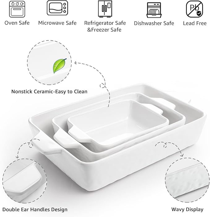 Casserole Dishes for Oven, Ceramic Baking Dishes, Lasagna Pan with Handles, Porcelain Baking Pan