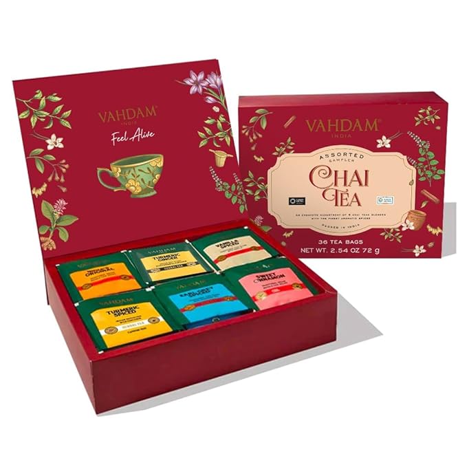 VAHDAM, Assorted Chai Tea Variety Pack (6 Delicious Flavors, 36 Eco Friendly Pyramid Tea Bags)