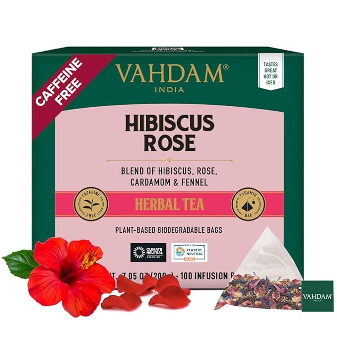 VAHDAM, Hibiscus Rose Tea Bags - 100% Whole Hibiscus Flowers Herbal Tea Bags (100 Count) With Rose