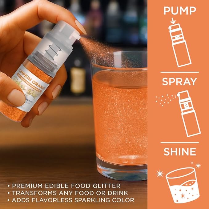 Bakell - Pumpkin Orange Tinker Dust (4g, 1x Mini Spray Pump) Edible Glitter for Food, Desserts, and