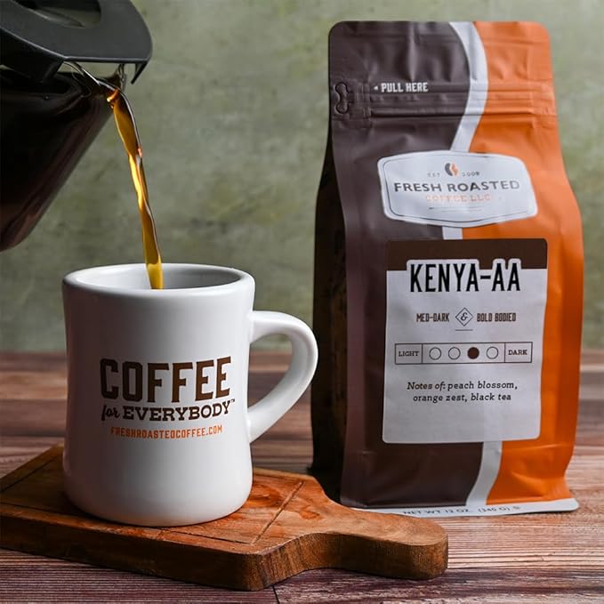 Fresh Roasted Coffee, Kenya AA, 12 oz, Med-Dark Roast, Kosher, Whole Bean