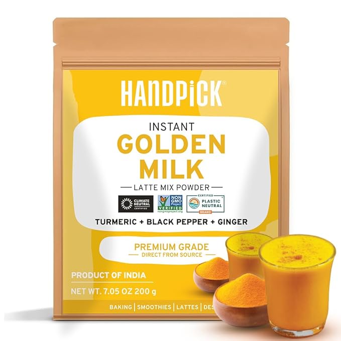 HANDPICK Golden Milk Powder with Turmeric - (7oz, 80 servings) Instant Latte Mix | Blend of Ginger