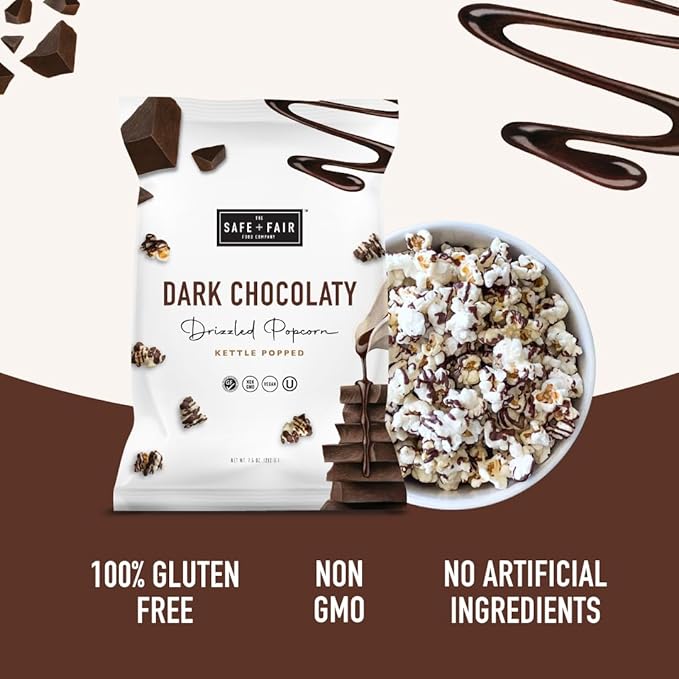 Safe + Fair Food Company Plant-Based Gourmet Chocolate Flavored Popcorn - Dark Chocolaty Drizzled