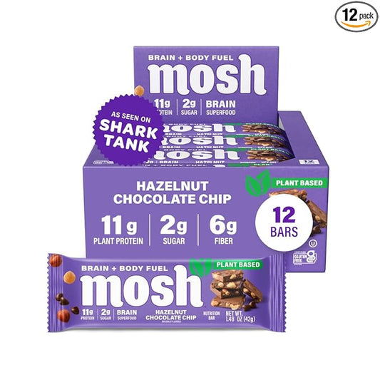 MOSH Hazelnut Chocolate Chip Vegan Protein Bars, Plant Based, Keto, Gluten Free, Brain Healthy