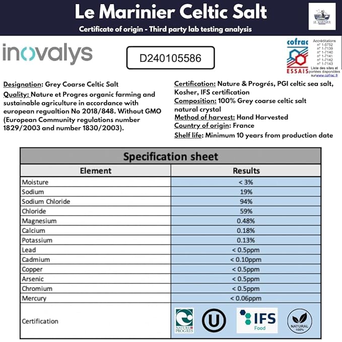 Le Marinier French Sea Salt Grey Coarse, 1.1lb - 18oz Pack of 2. Mineral Rich Unrefined French Sea