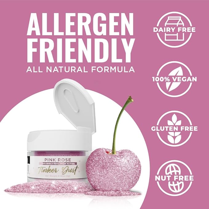 Bakell - Pink Rose Tinker Dust (5g, 1x Jar) Edible Glitter for Food, Desserts, and Beverages!