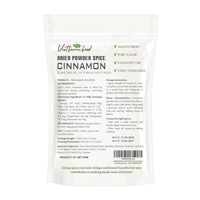CINNAMON BARK POWDER 5.29 Oz (150g) VIETFARMFOOD: Natural pure, convection dried seasoning made
