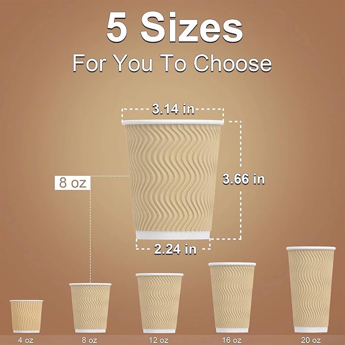Hot 8 oz Disposable Insulated Corrugated Sleeve Ripple Wall Paper Coffee Cups for Drink, 100,8oz