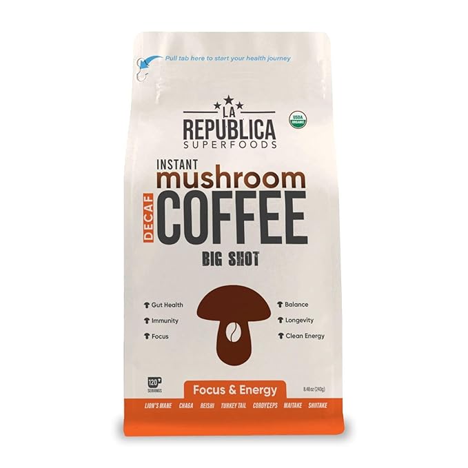 La Republica Big Shot Decaf Instant Mushroom Coffee Organic (120 Servings) with Lion's Mane