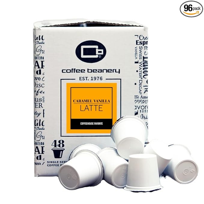 Caramel Vanilla Latte Coffee Pods by Coffee Beanery | 96ct Bulk Flavored Coffee Pods Medium Roast