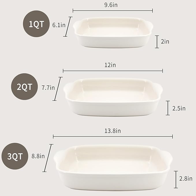 3-Pack Ceramic Baking Dishes Set,Heavy-Duty Oven-Safe Stoneware,Deep Rectangular Casserole Pans for