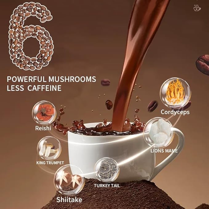Mushroom Coffee, Instant Organic Mushroom Coffee with Cordyceps, Reish, King Trumpet, Shitake