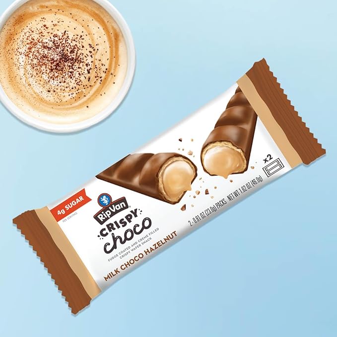 Rip Van Crispy Choco - Milk Chocolate Coated Hazelnut Wafer Bars - Low Sugar Fudge and Hazelnut
