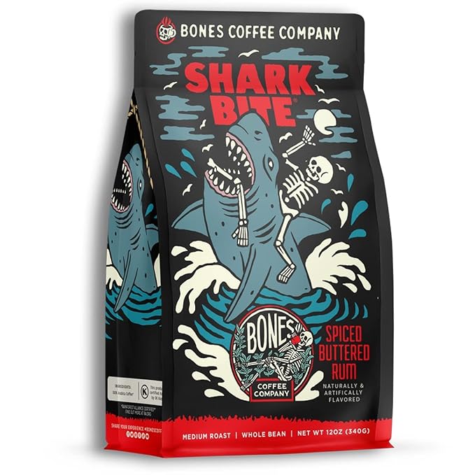 Bones Coffee Company Shark Bite, Buttered Rum Flavored Coffee, Medium Roast Low Acid Arabica Beans